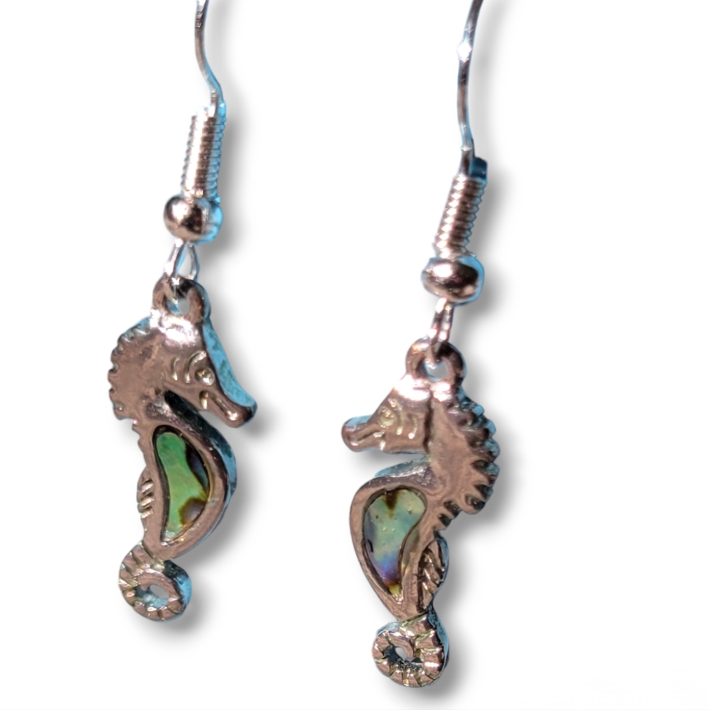 Cute Abalone Seahorse Silver Earrings Seahorse Earrings Silver Dangle Earrings - Picture 3 of 9